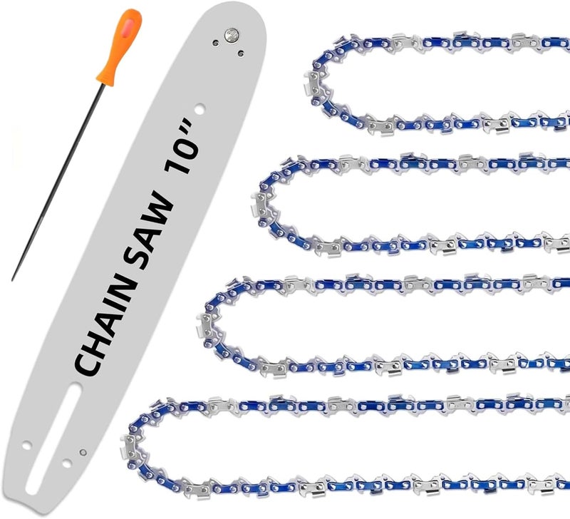 DAOLONG 10 Inch Chainsaw Chain 5-Piece Kit with 10-Inch Guide Bar – S40 3/8" LP .050" Gauge 40DL Replacement Chains Compatible with Remington, Sunjoe, Greenworks, Echo, Craftsman & More (4 Chains + 1 Bar) - Image 1